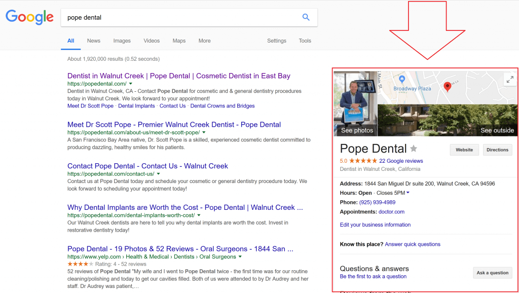 Pope dental Google My Business example